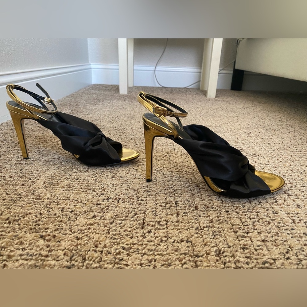 Raye Grace heels. Size 8.5. Never worn. Shiny Gold & black satin. - Picture 4 of 6